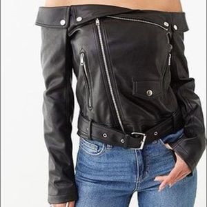 Off the shoulder faux leather jacket